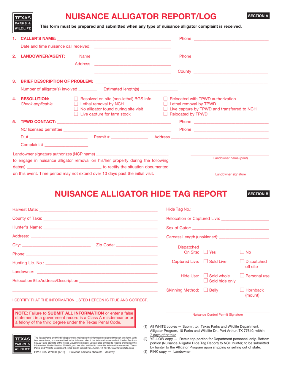 Form PWD305 Nuisance Alligator Report / Log - Texas, Page 1