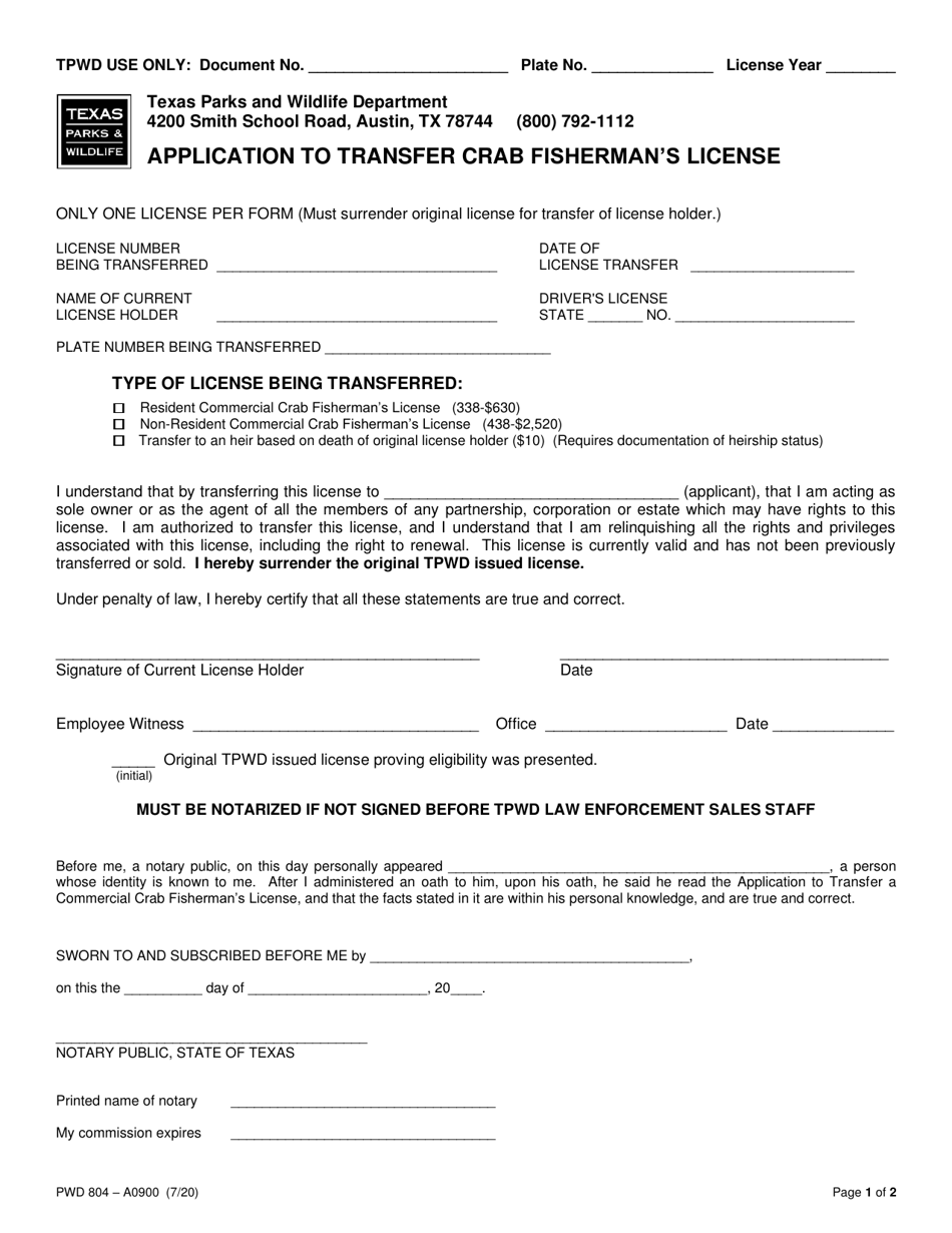 Form PWD804 Application to Transfer Crab Fishermans License - Texas, Page 1