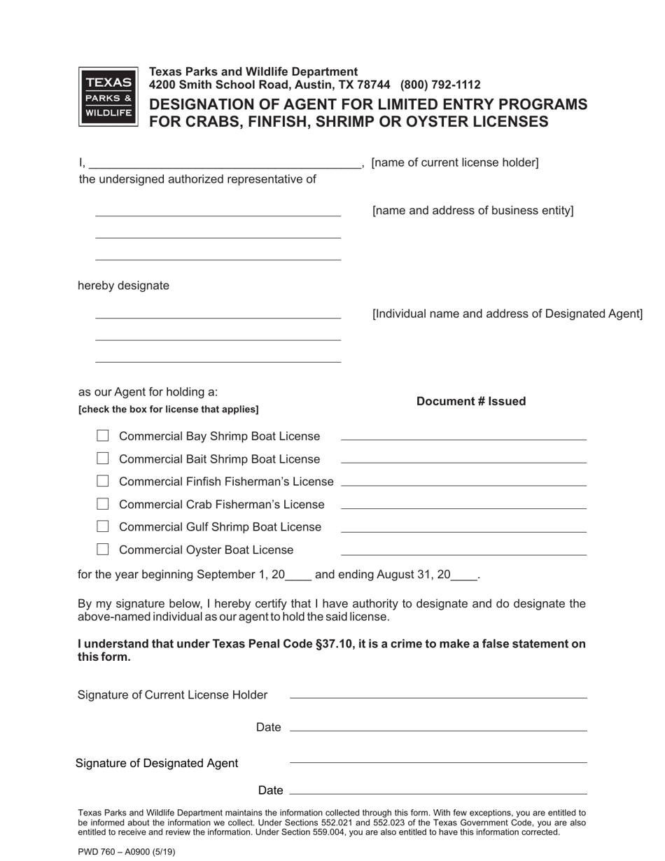Form PWD760 Designation of Agent for Limited Entry Programs for Crabs, Finfish, Shrimp or Oyster Licenses - Texas, Page 1