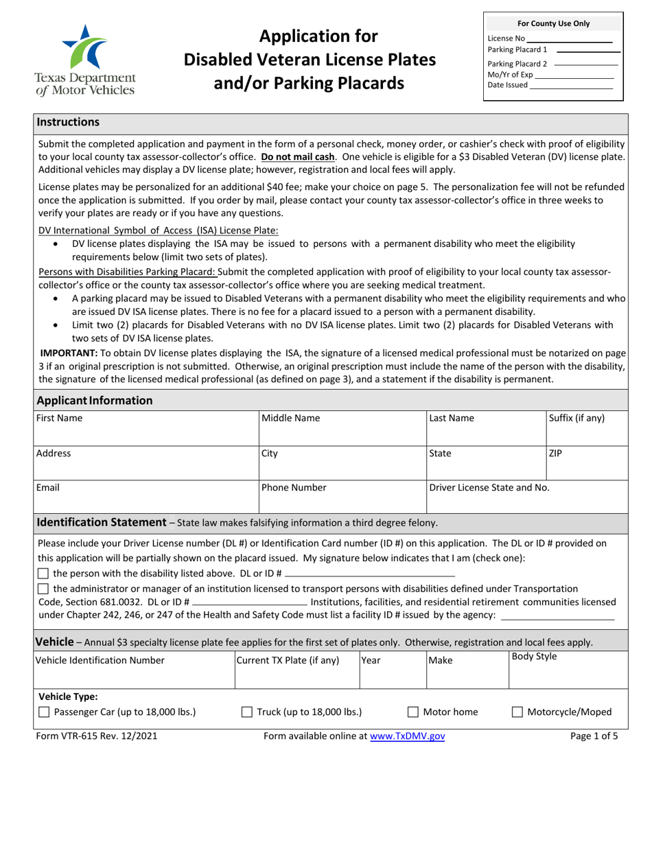 Form VTR-615 Download Fillable PDF or Fill Online Application for