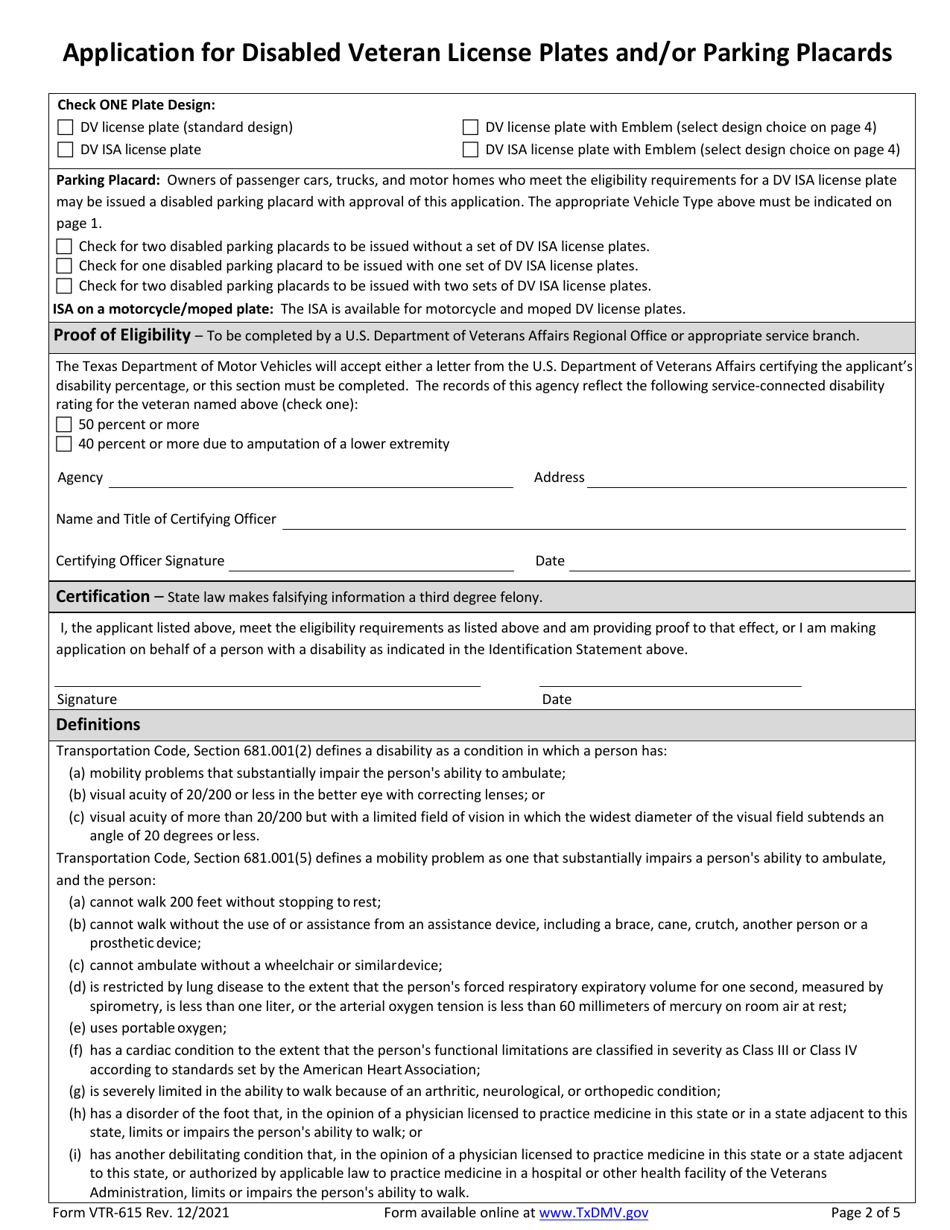 Form VTR-615 Application for Disabled Veteran License Plates and / or Parking Placards - Texas, Page 2