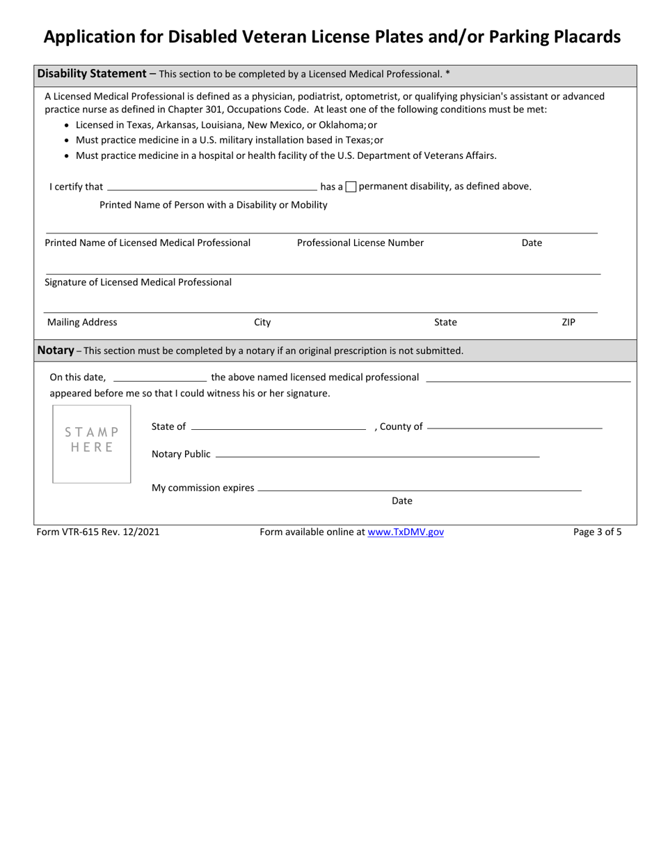 Form VTR-615 Application for Disabled Veteran License Plates and / or Parking Placards - Texas, Page 3