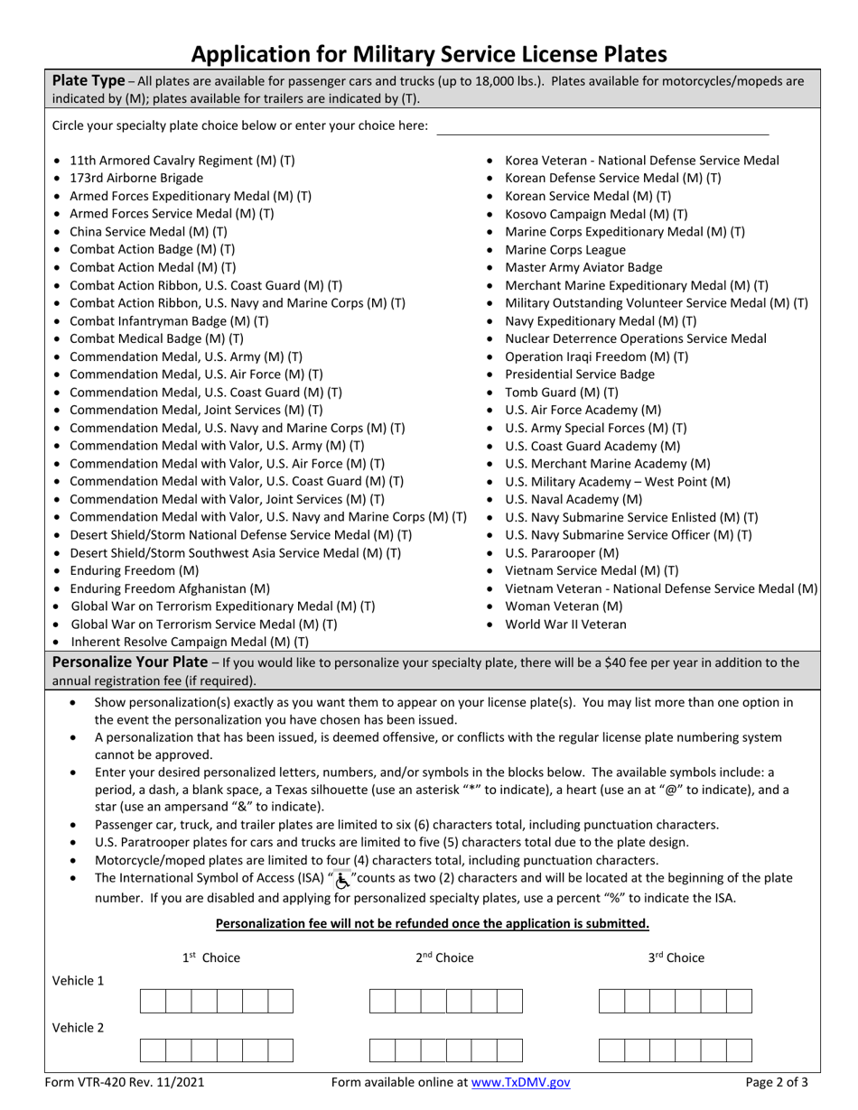 Form VTR-420 Application for Military Service License Plates - Texas, Page 2