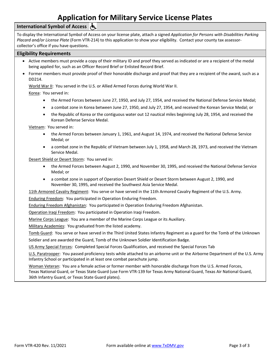 Form VTR-420 Application for Military Service License Plates - Texas, Page 3