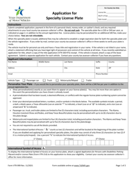 Form VTR-999 Application for Specialty License Plate - Texas