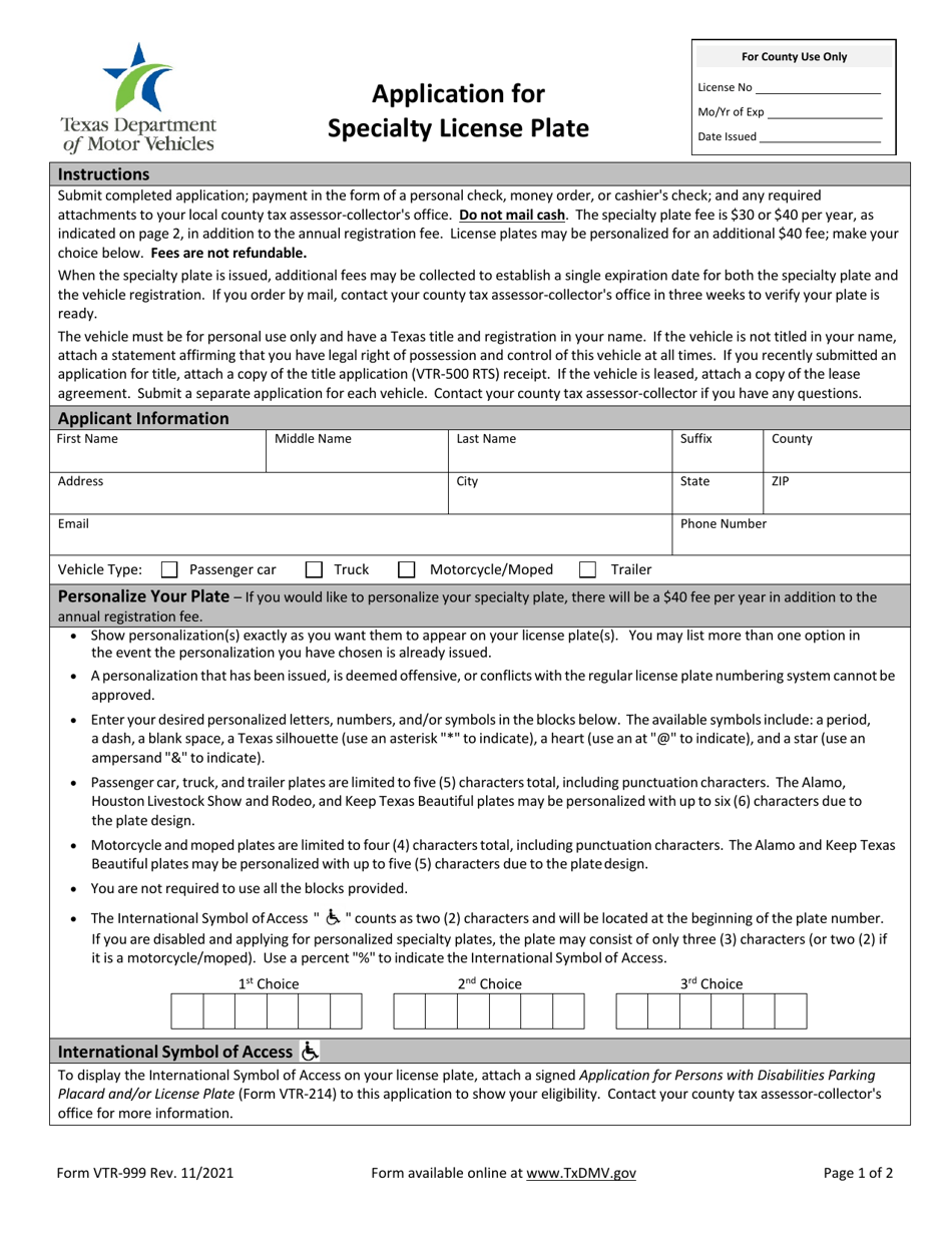 Form VTR-999 Application for Specialty License Plate - Texas, Page 1