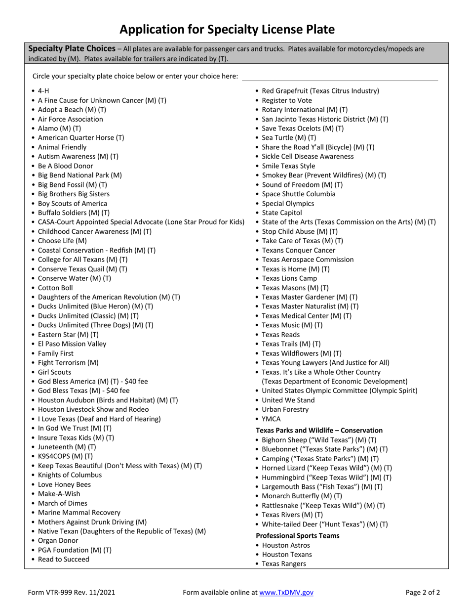 Form VTR-999 Application for Specialty License Plate - Texas, Page 2