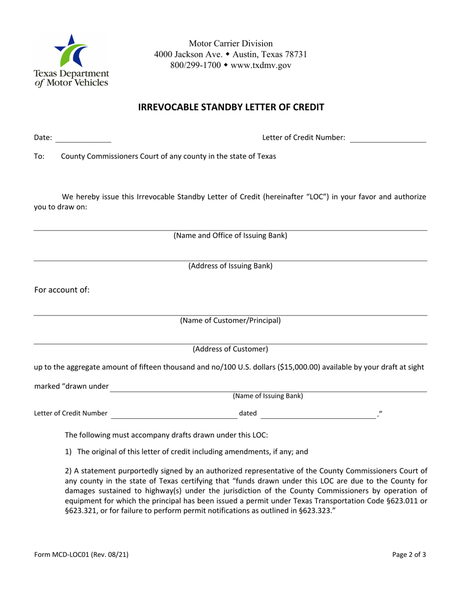 Form MCD-LOC01 Irrevocable Standby Letter of Credit - Texas, Page 2