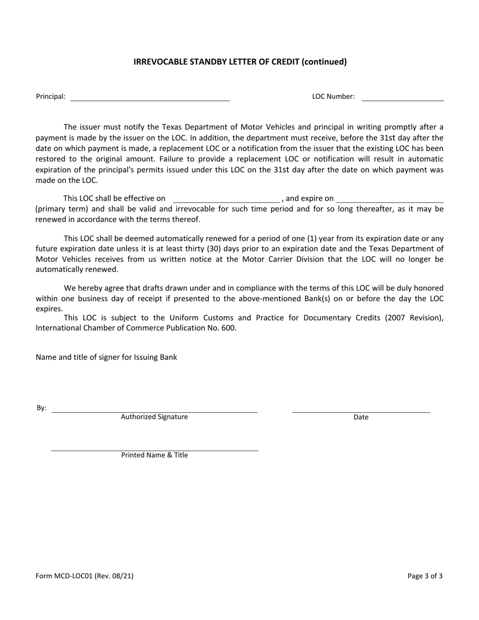Form MCDLOC01 Download Fillable PDF or Fill Online Irrevocable Standby