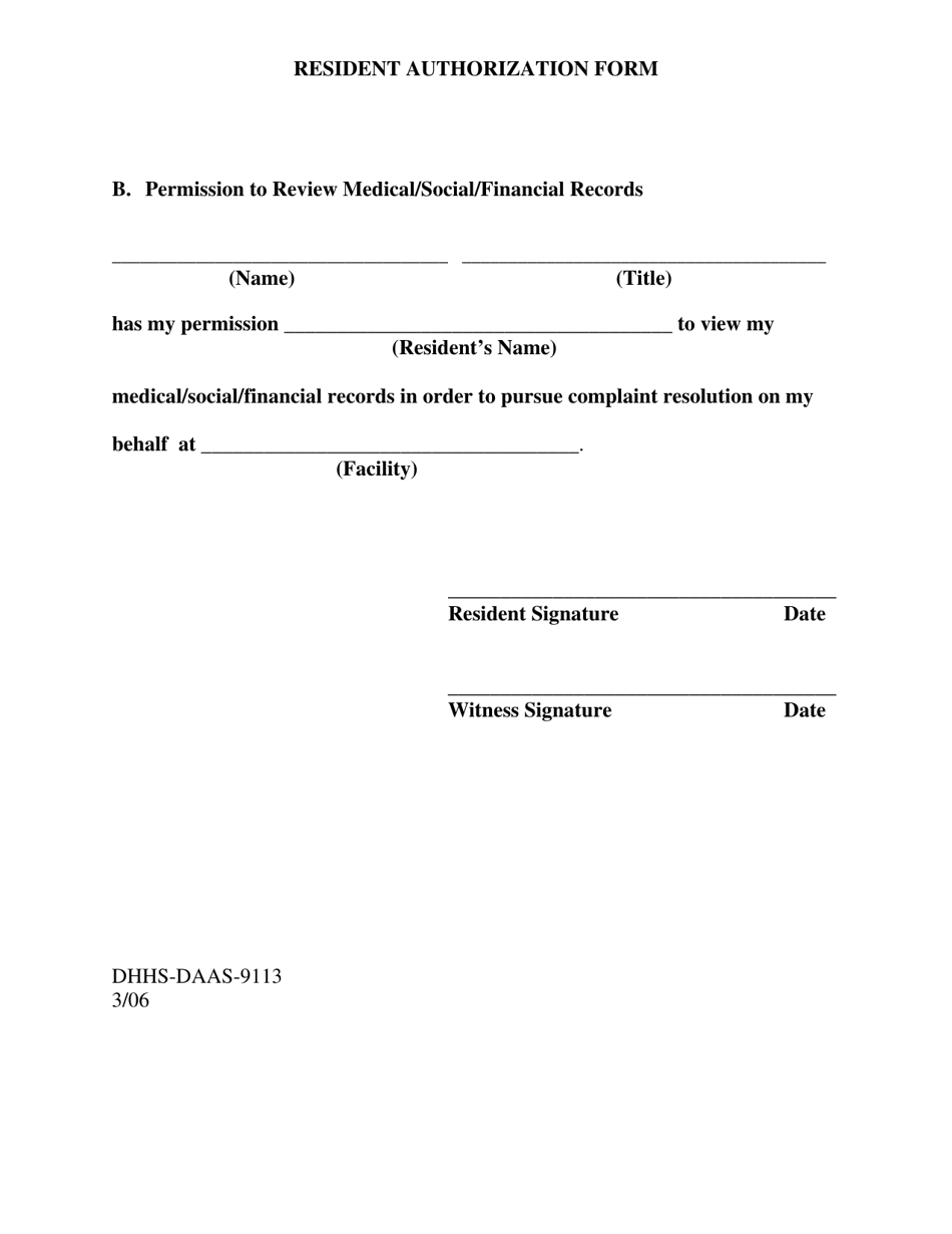 Form DHHS-DAAS-9113 Resident Authorization Form - North Carolina, Page 1