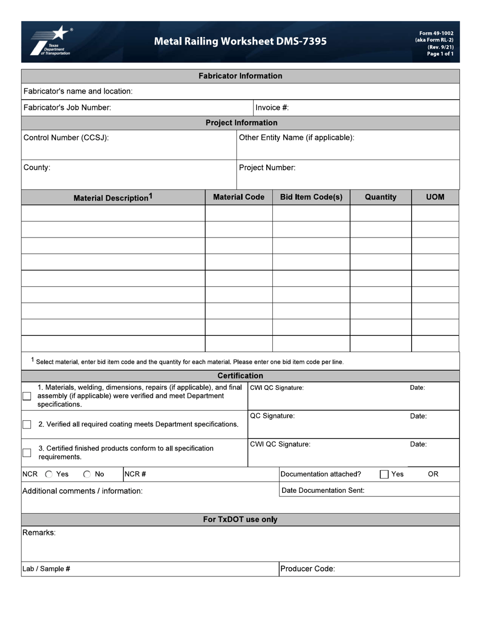 Form 49-1002 Worksheet DMS-7395 Metal Railing Worksheet - Texas, Page 1