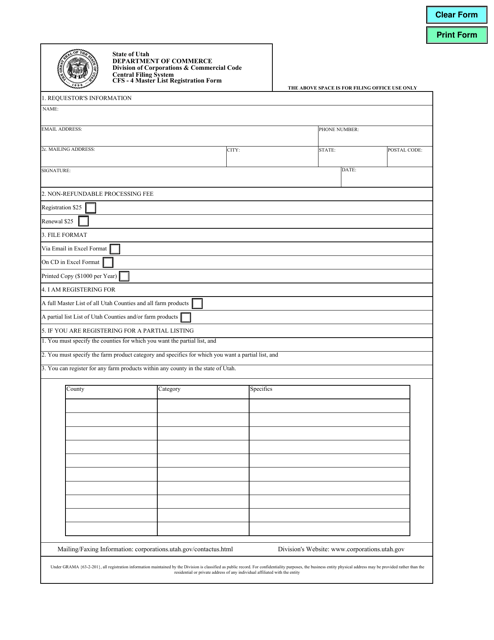 Form CFS-4 Master List Registration Form - Utah