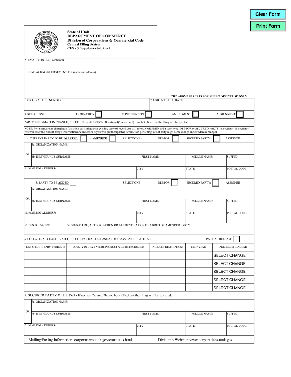 Form CFS-3 Supplemental Sheet - Utah, Page 1
