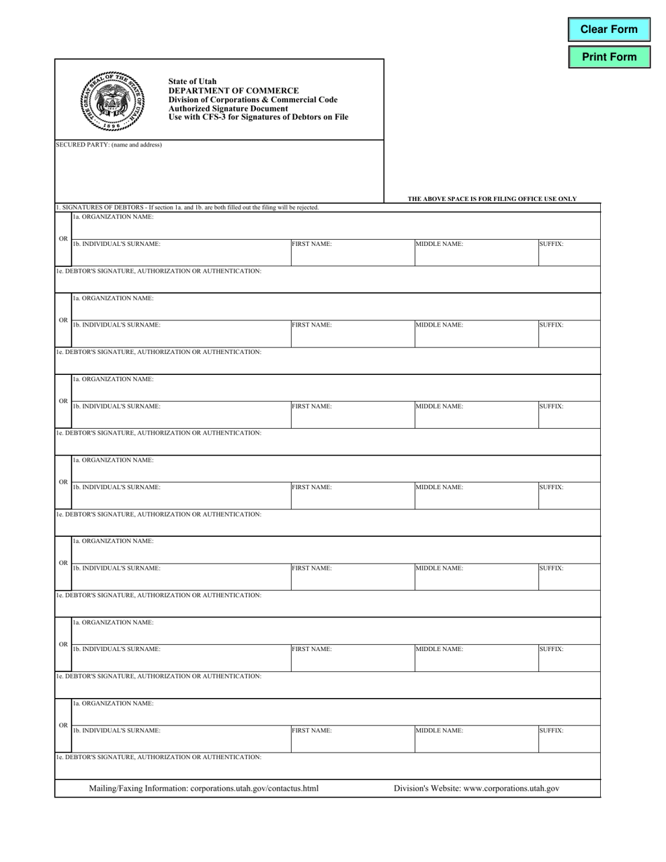 Form CFS-3 Authorized Signature Document - Utah, Page 1
