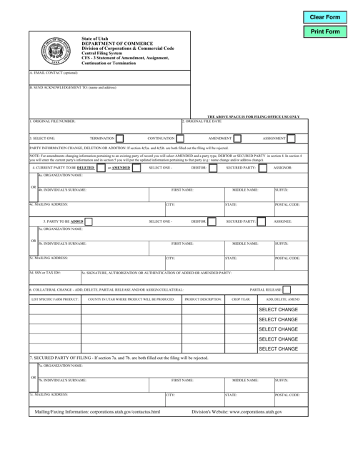 Form CFS-3 Statement of Amendment, Assignment, Continuation or Termination - Utah