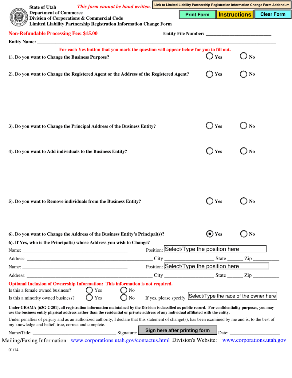 Limited Liability Partnership Registration Information Change Form - Utah, Page 1
