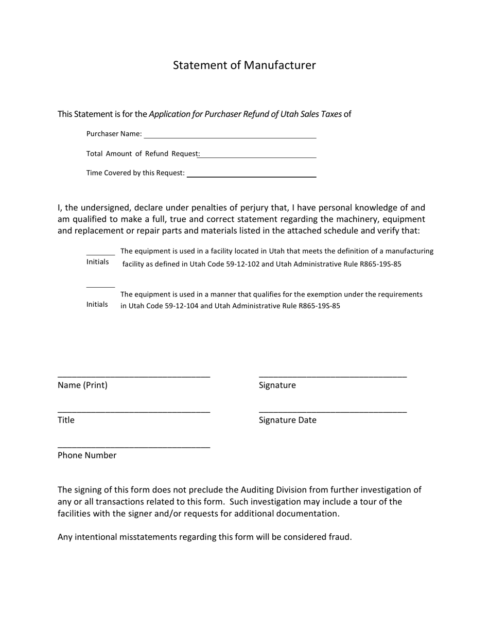 Statement of Manufacturer for Refund Transactions on or After January 1, 2019 - Utah, Page 1