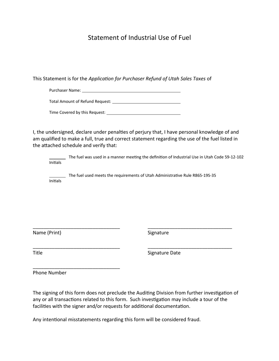 Statement of Industrial Use of Fuel - Utah, Page 1