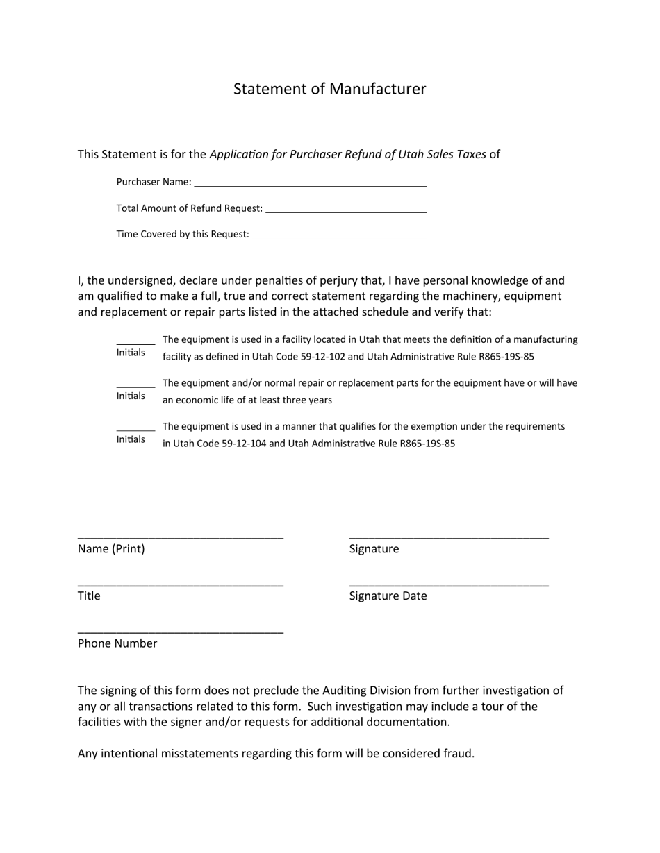 Statement of Manufacturer for Refund Transactions Before January 1, 2019 - Utah, Page 1