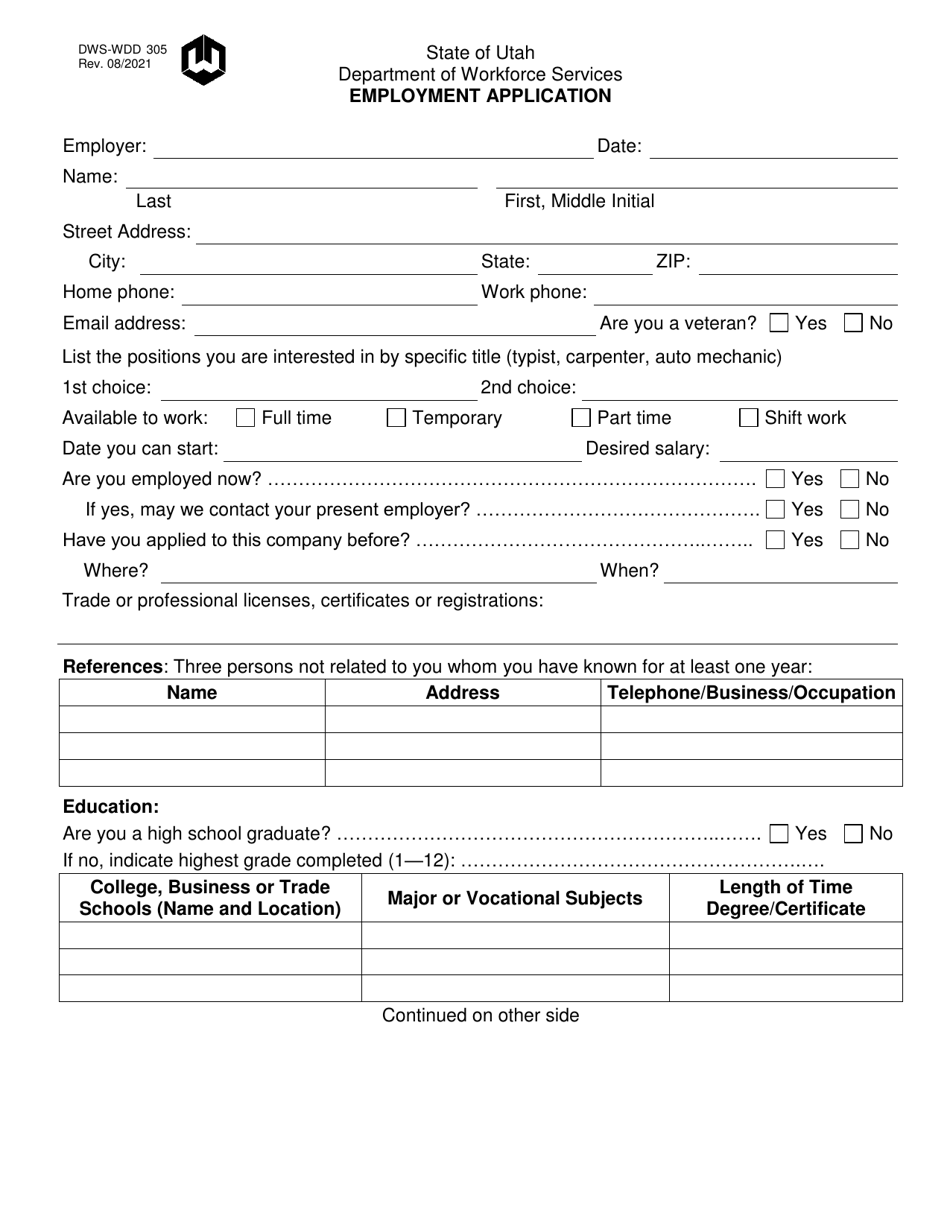 Form DWS-WDD305 Employment Application - Utah, Page 1