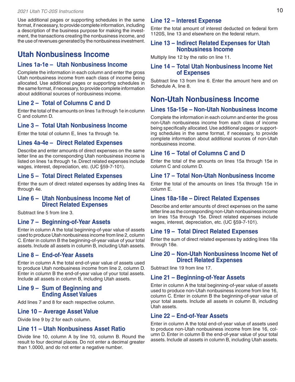 Instructions for Form TC-20S Utah S Corporation Return - Utah, Page 12