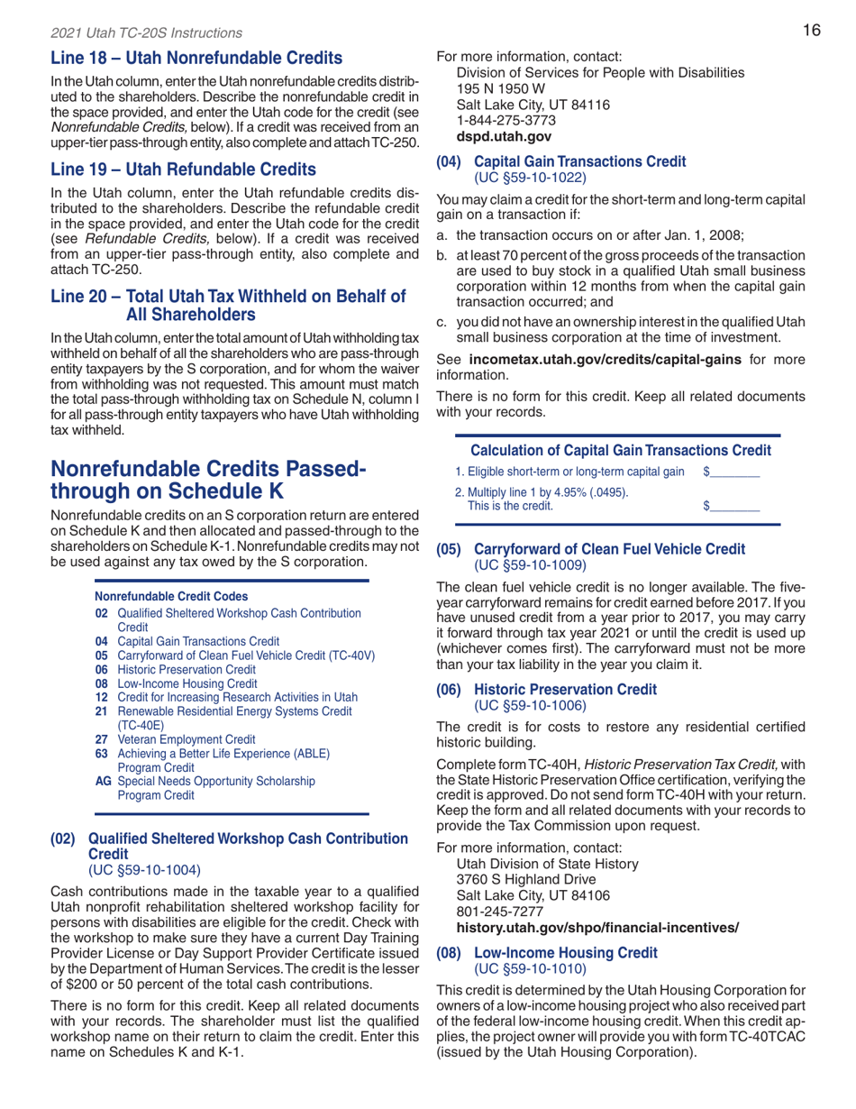 Instructions for Form TC-20S Utah S Corporation Return - Utah, Page 18