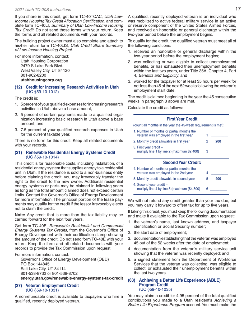 Instructions for Form TC-20S Utah S Corporation Return - Utah, Page 19