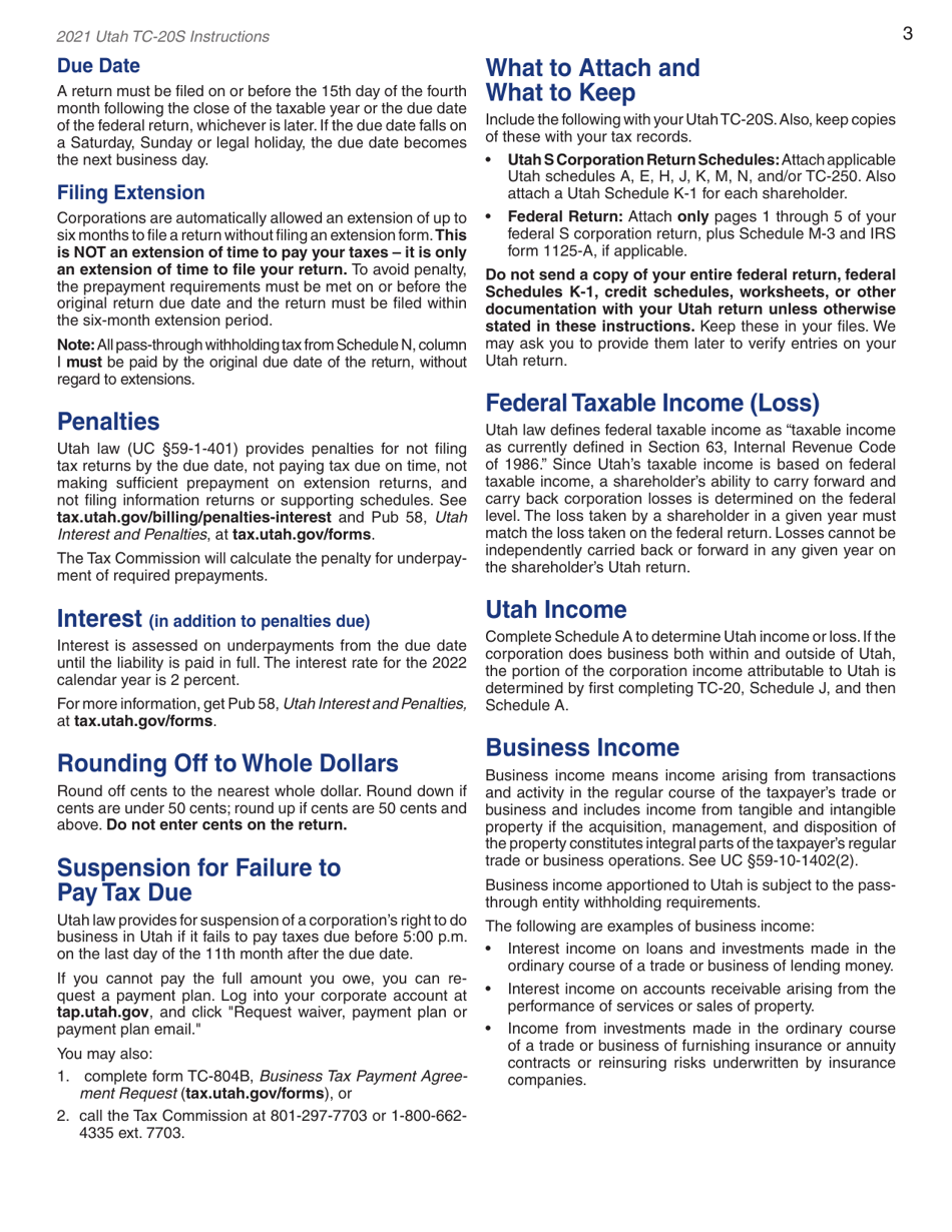 Instructions for Form TC-20S Utah S Corporation Return - Utah, Page 5