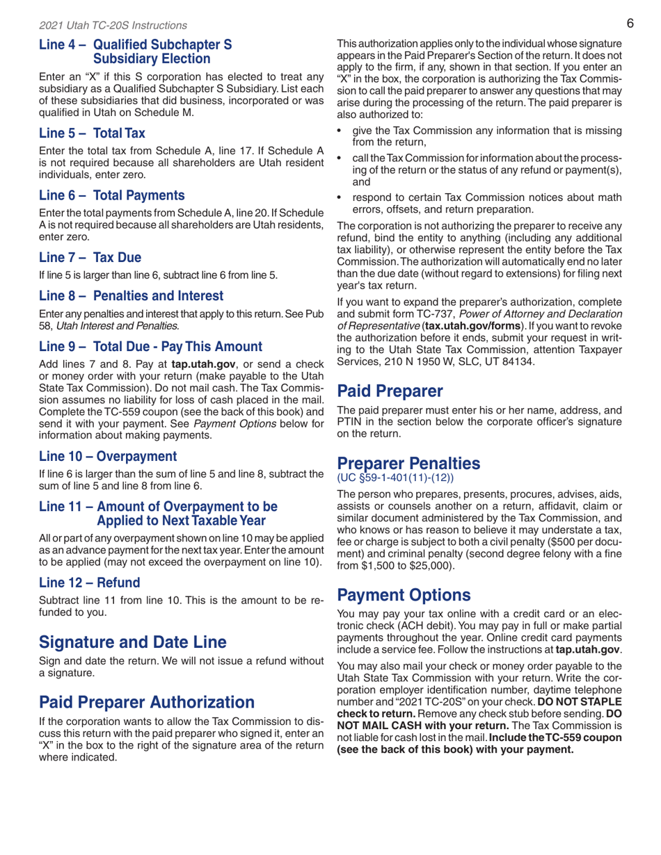 Instructions for Form TC-20S Utah S Corporation Return - Utah, Page 8