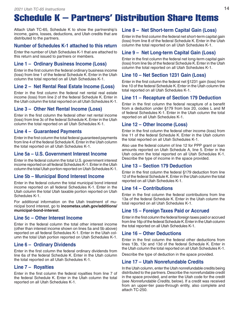 Instructions for Form TC-65 Utah Partnership / Limited Liability Partnership / Limited Liability Company Return - Utah, Page 16