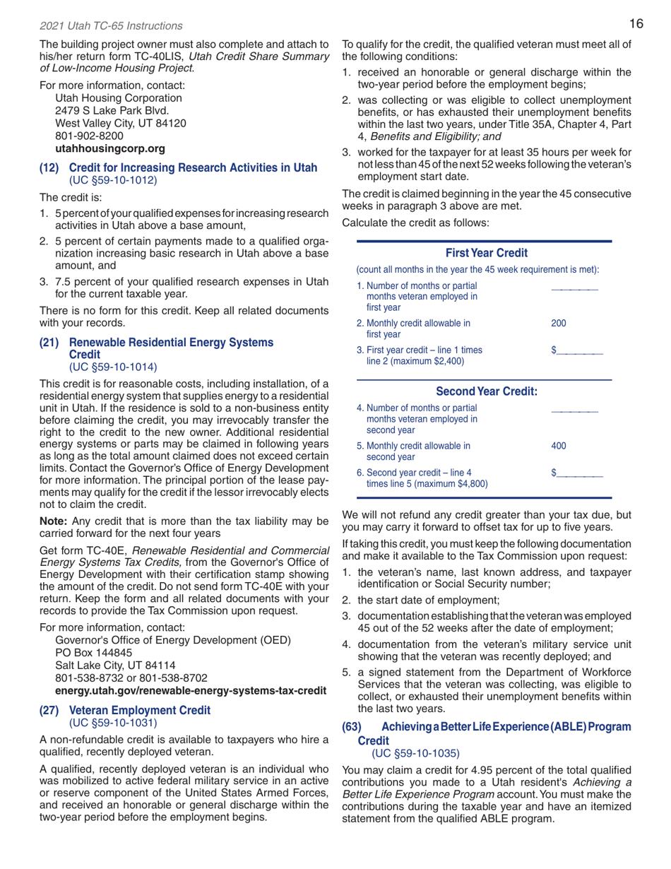 Instructions for Form TC-65 Utah Partnership / Limited Liability Partnership / Limited Liability Company Return - Utah, Page 18