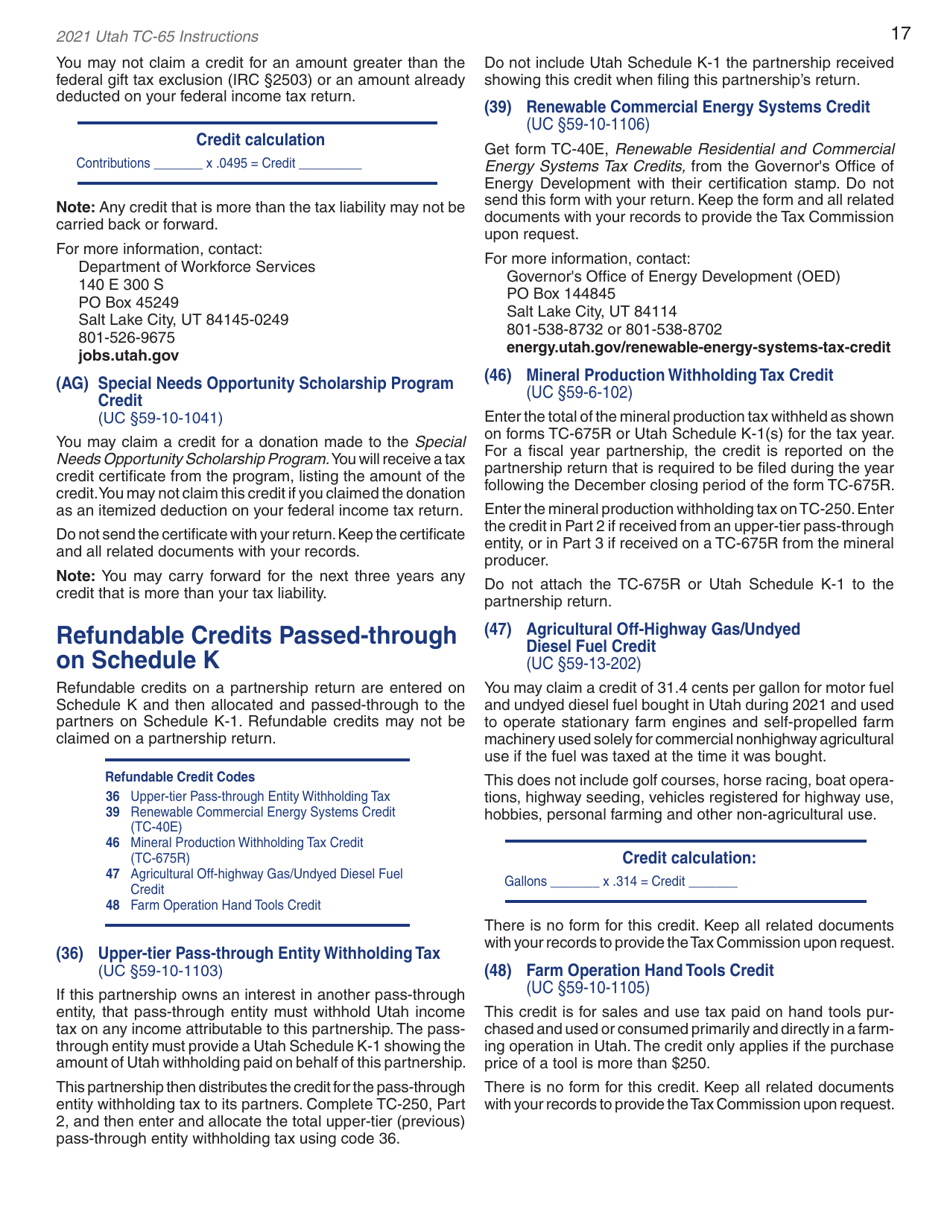 Instructions for Form TC-65 Utah Partnership / Limited Liability Partnership / Limited Liability Company Return - Utah, Page 19
