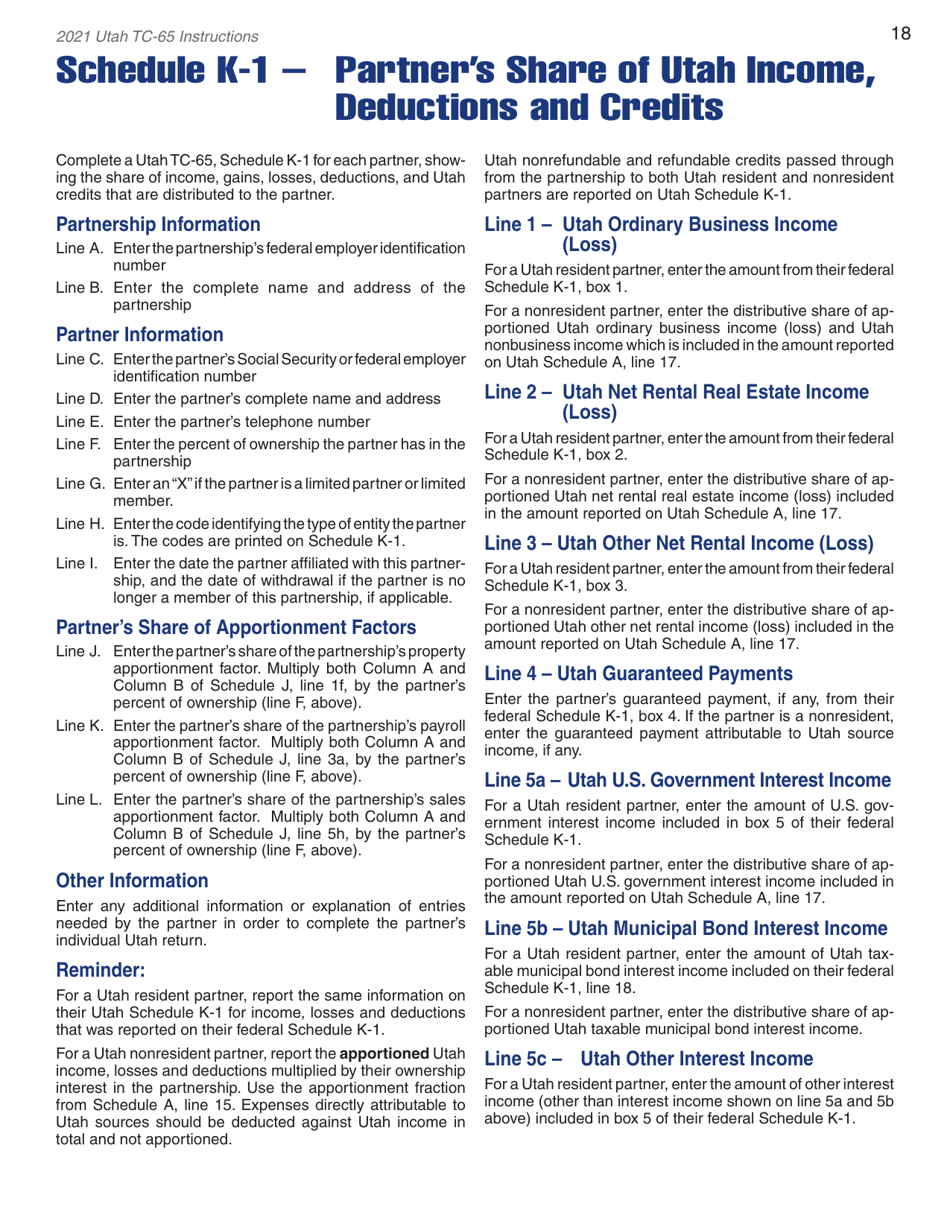 Instructions for Form TC-65 Utah Partnership / Limited Liability Partnership / Limited Liability Company Return - Utah, Page 20