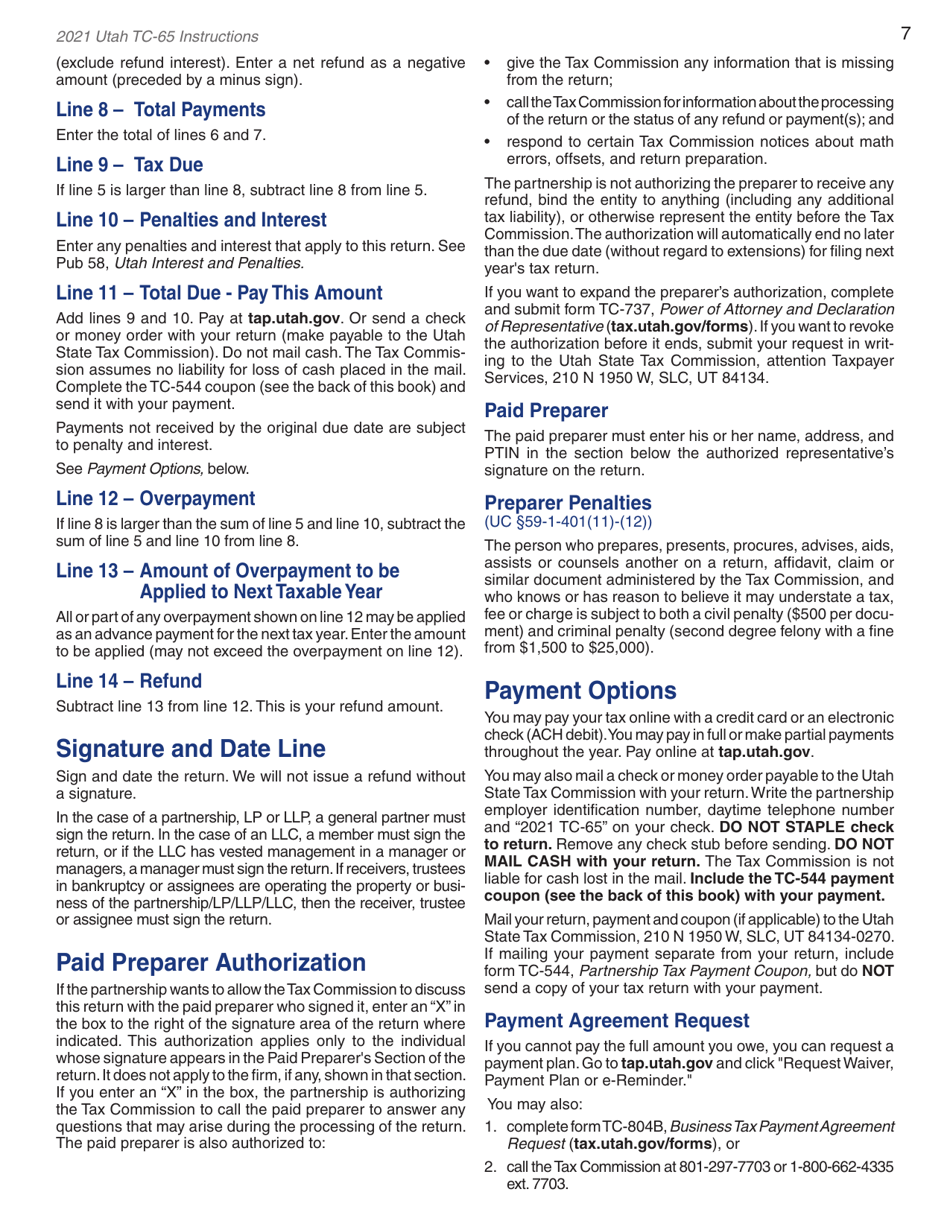 Instructions for Form TC-65 Utah Partnership / Limited Liability Partnership / Limited Liability Company Return - Utah, Page 9
