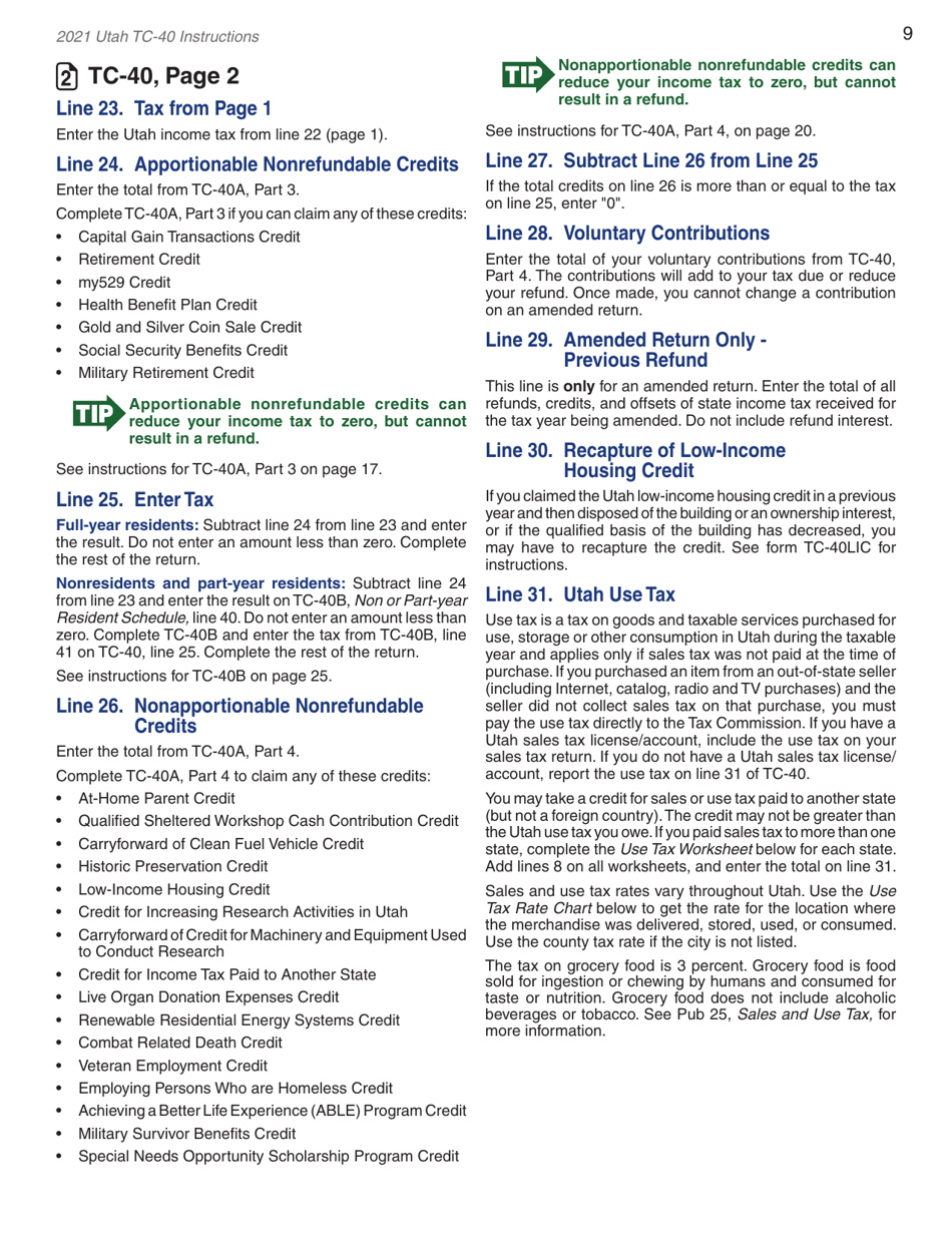 Instructions for Form TC-40 Utah Individual Income Tax Return - Utah, Page 11