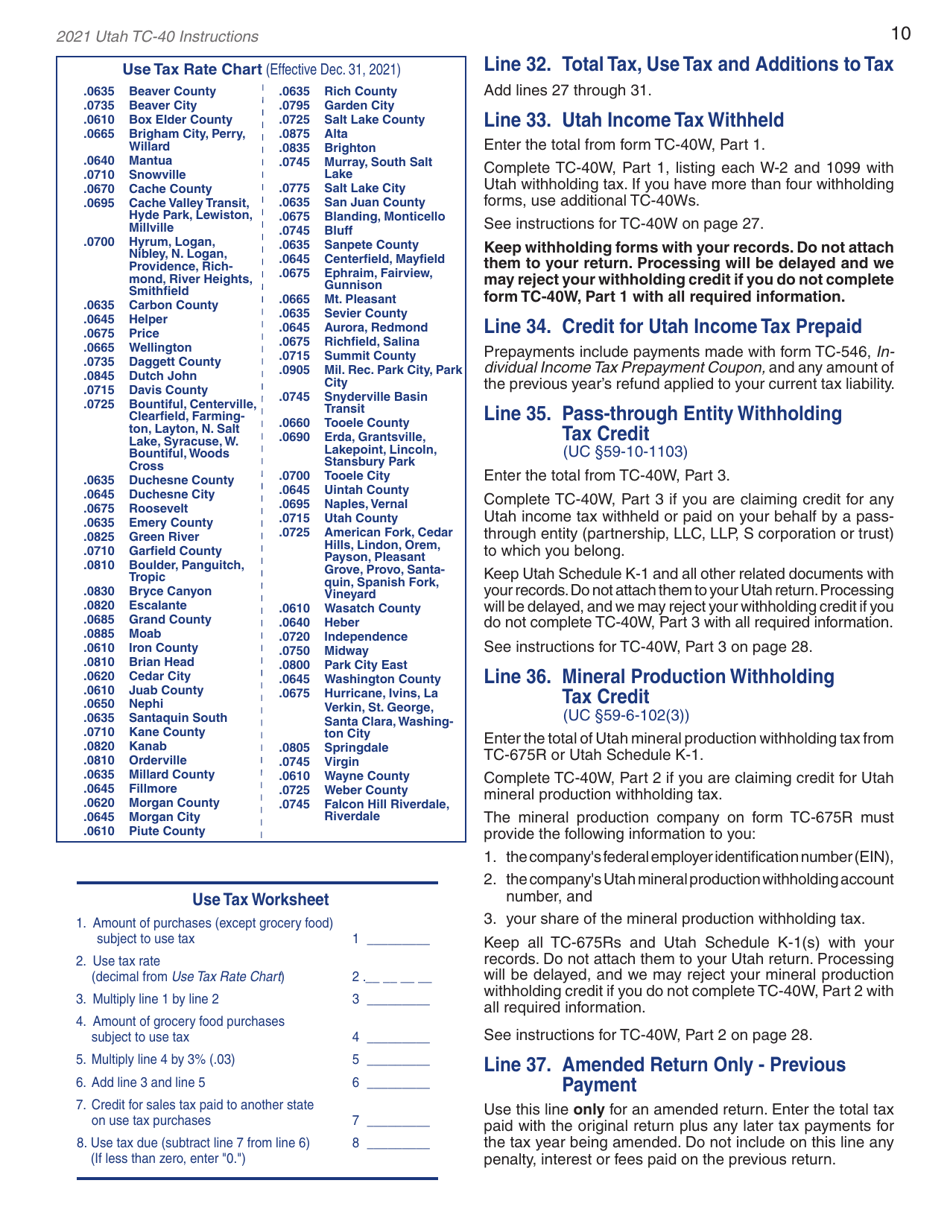 Instructions for Form TC-40 Utah Individual Income Tax Return - Utah, Page 12