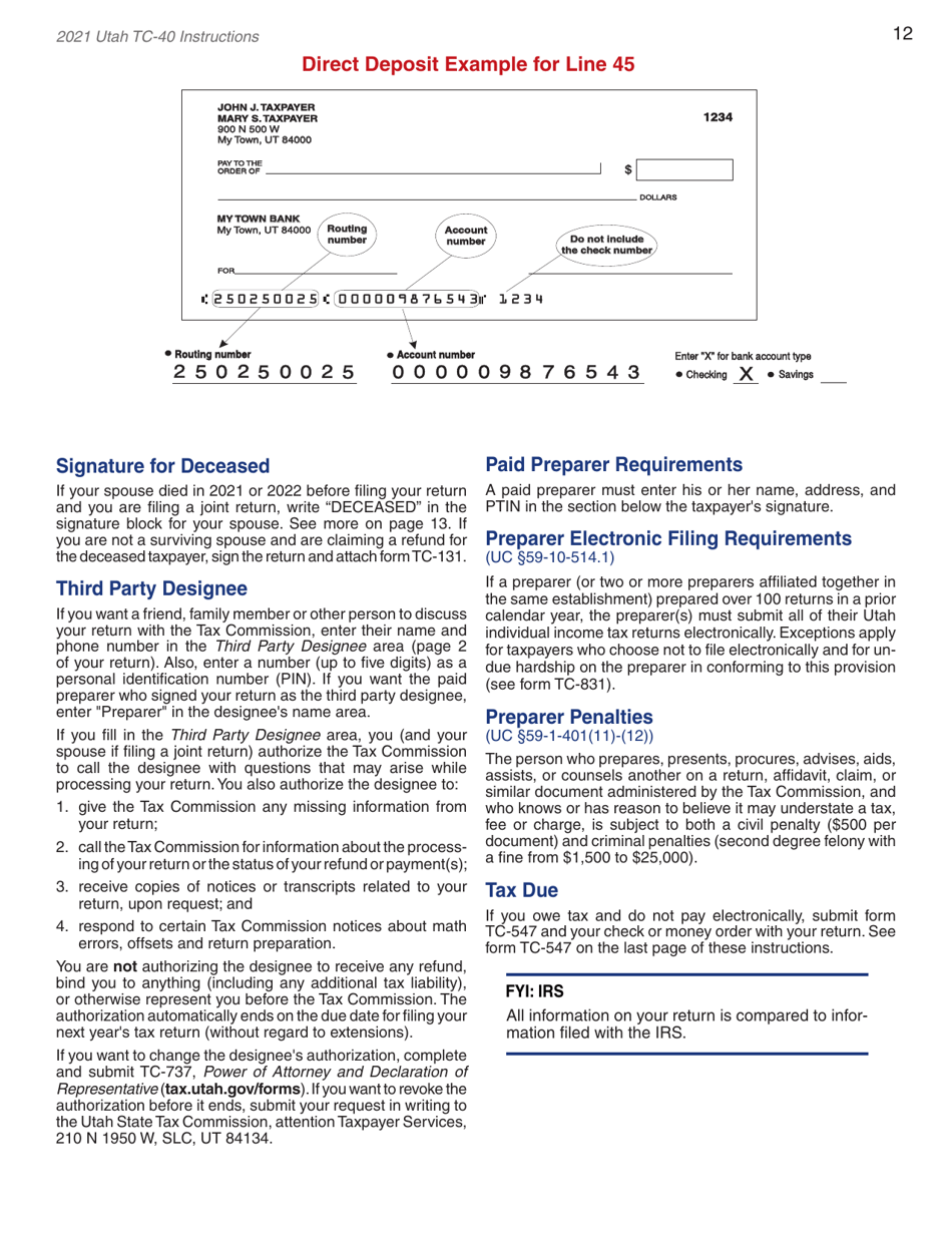 Instructions for Form TC-40 Utah Individual Income Tax Return - Utah, Page 14