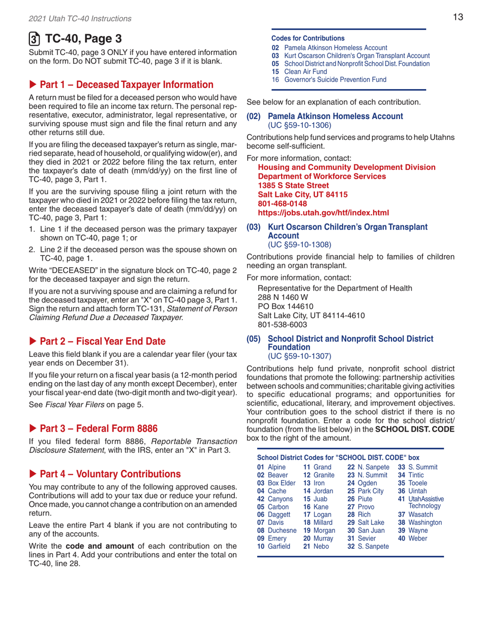 Instructions for Form TC-40 Utah Individual Income Tax Return - Utah, Page 15
