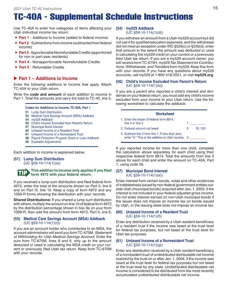 Instructions for Form TC-40 Utah Individual Income Tax Return - Utah, Page 17