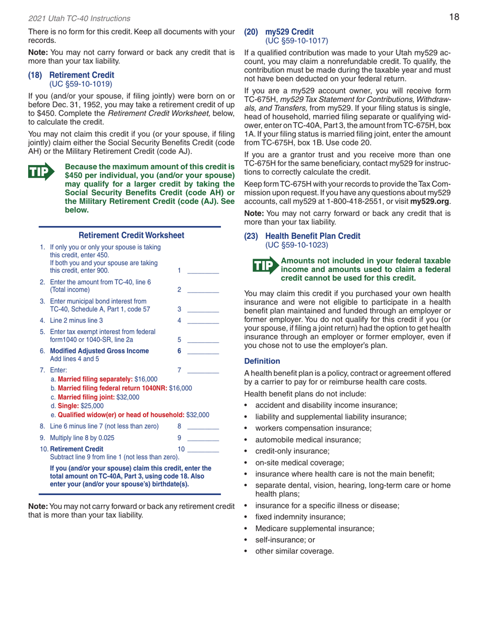 Instructions for Form TC-40 Utah Individual Income Tax Return - Utah, Page 20