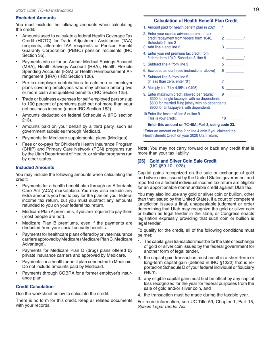 Instructions for Form TC-40 Utah Individual Income Tax Return - Utah, Page 21