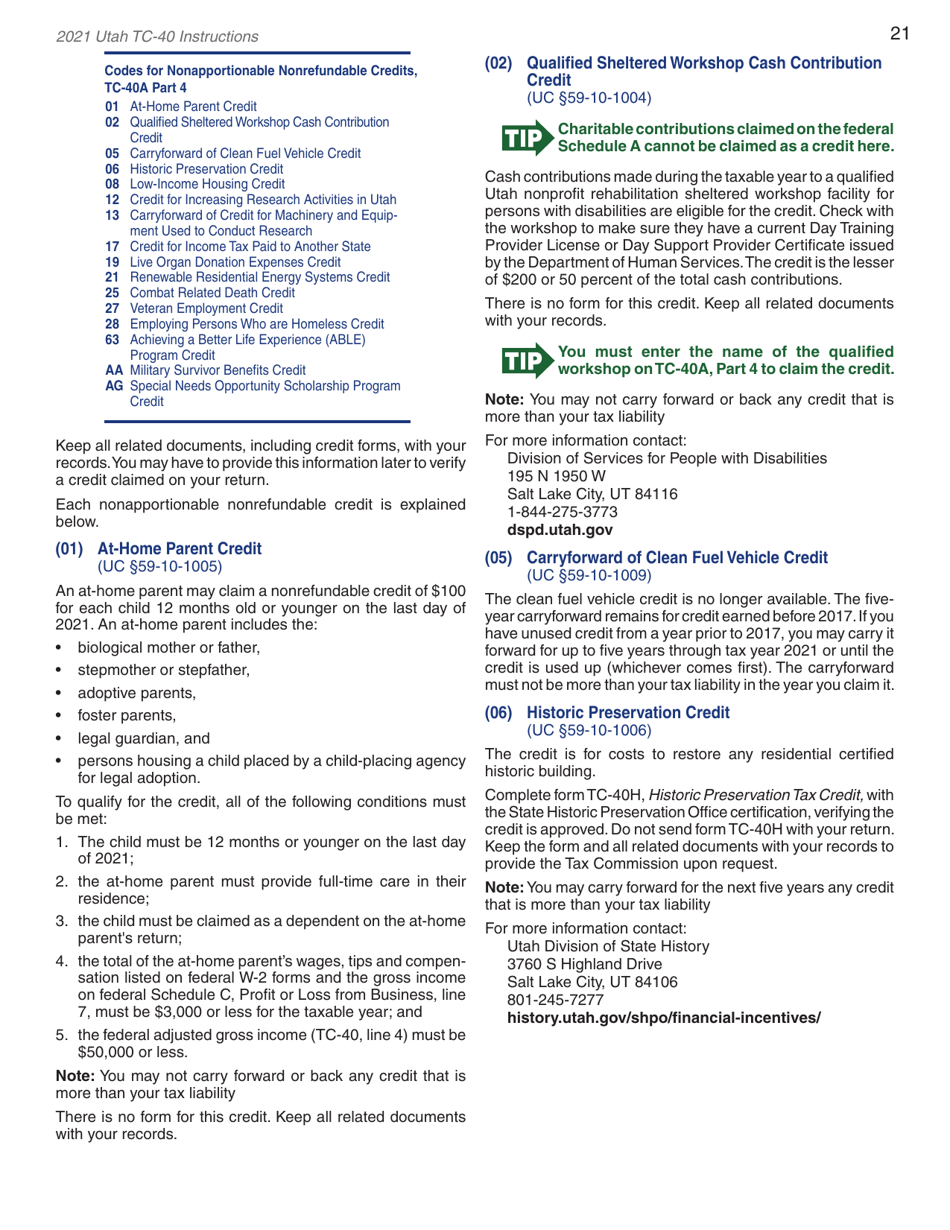Instructions for Form TC-40 Utah Individual Income Tax Return - Utah, Page 23