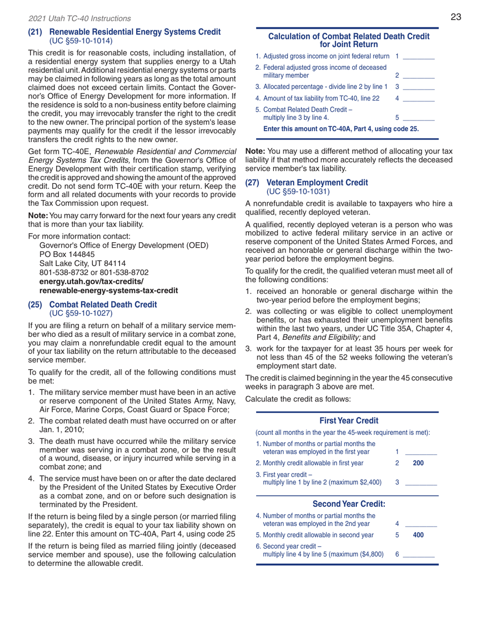 Instructions for Form TC-40 Utah Individual Income Tax Return - Utah, Page 25