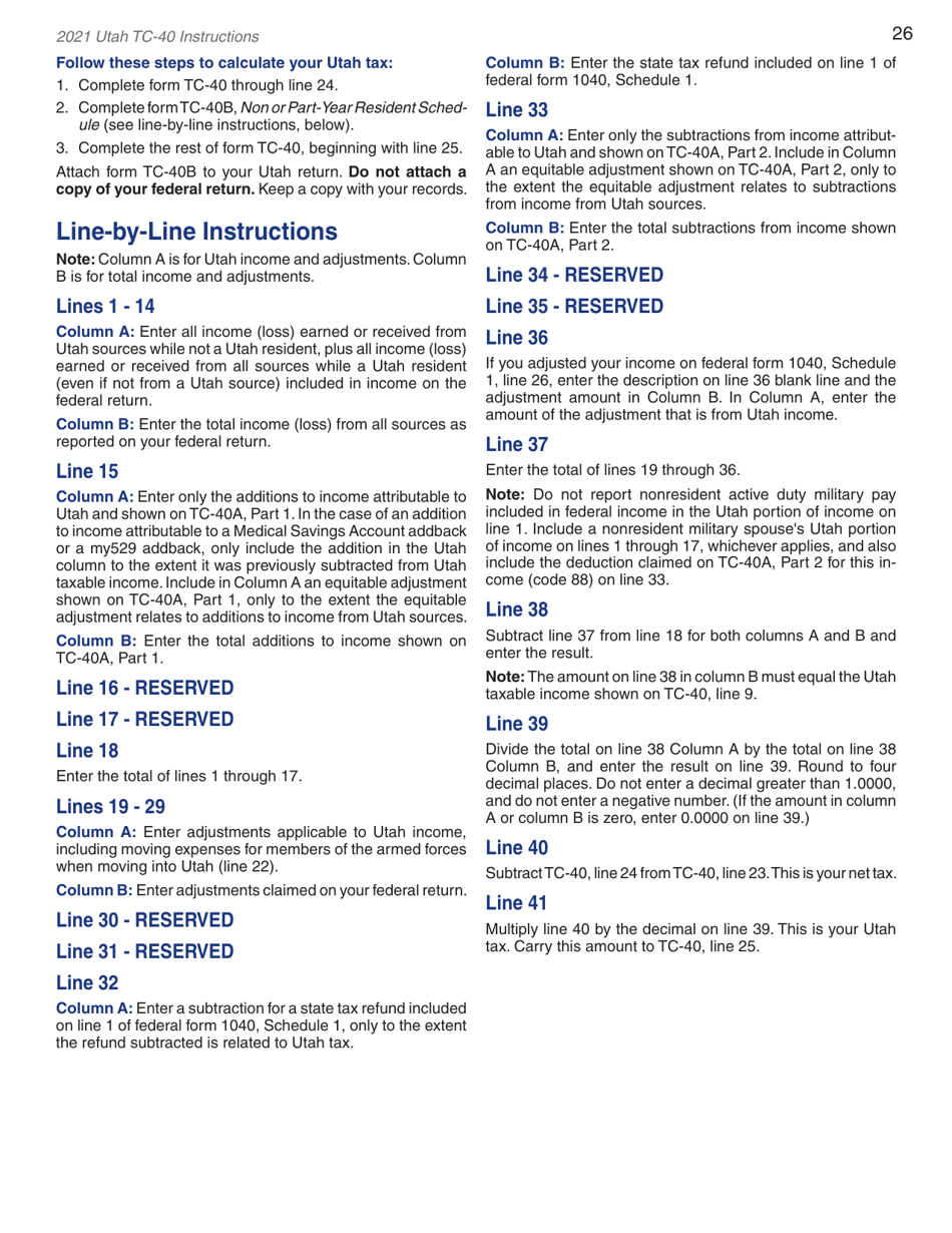 Instructions for Form TC-40 Utah Individual Income Tax Return - Utah, Page 28