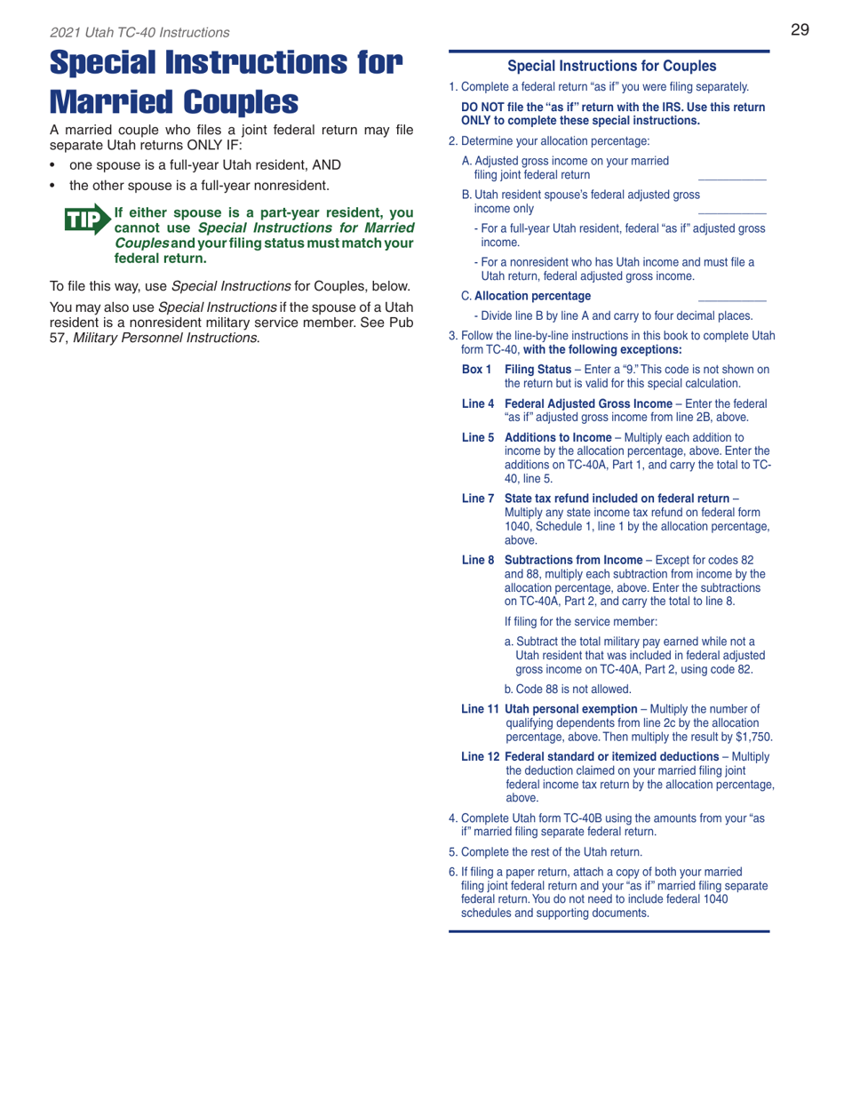 Instructions for Form TC-40 Utah Individual Income Tax Return - Utah, Page 31