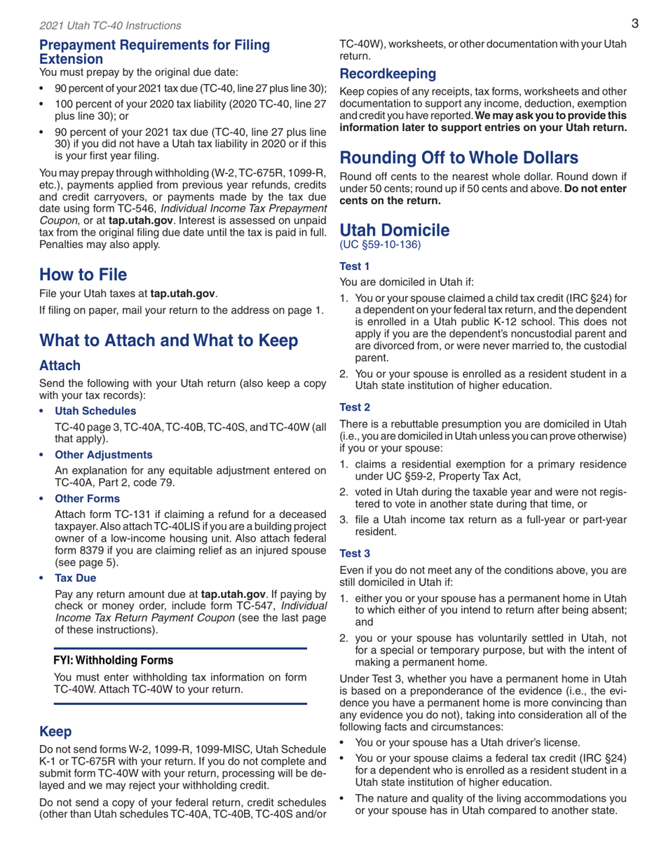 Instructions for Form TC-40 Utah Individual Income Tax Return - Utah, Page 5