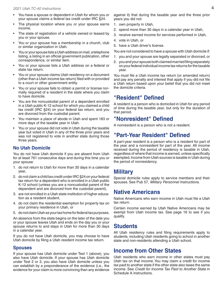 Instructions for Form TC-40 Utah Individual Income Tax Return - Utah, Page 6