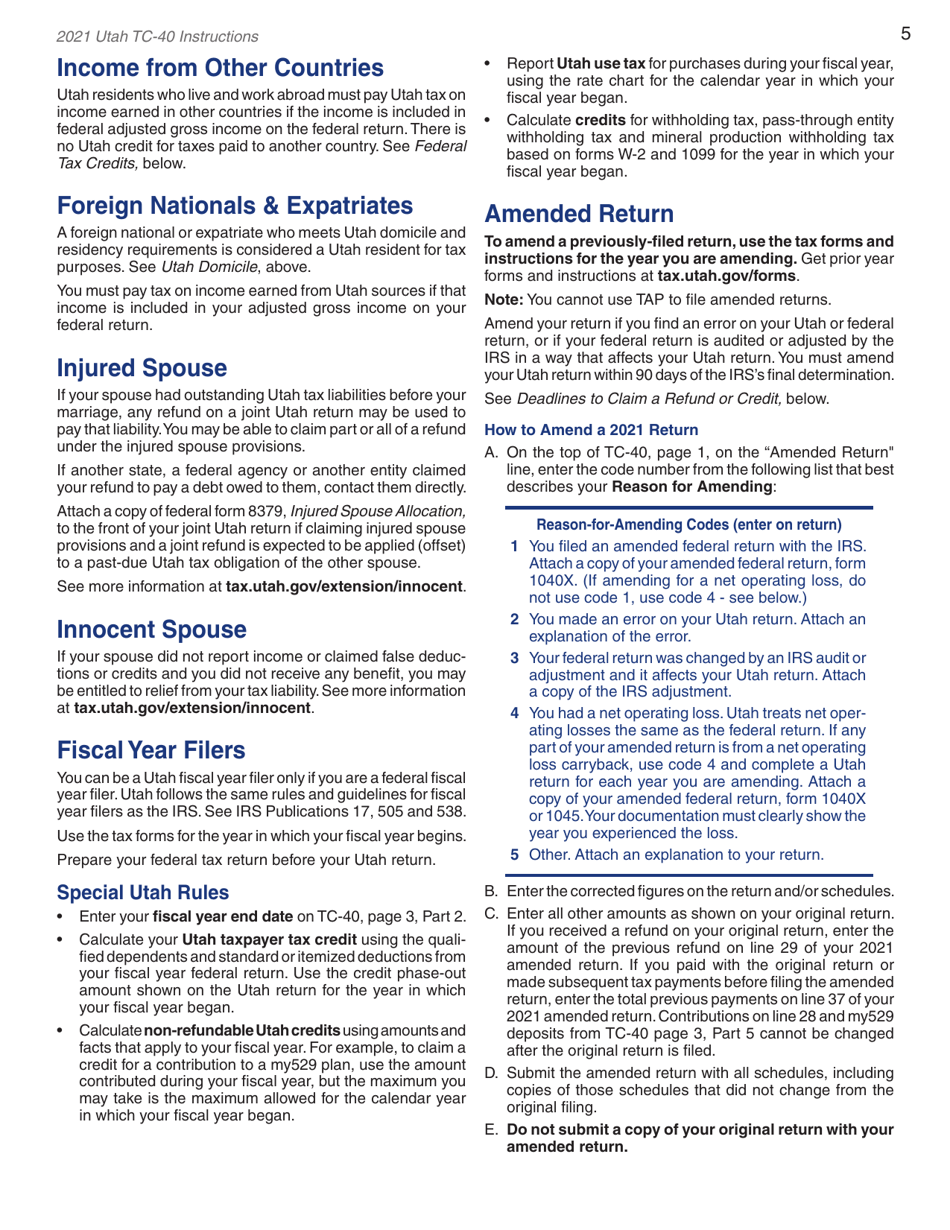 Instructions for Form TC-40 Utah Individual Income Tax Return - Utah, Page 7