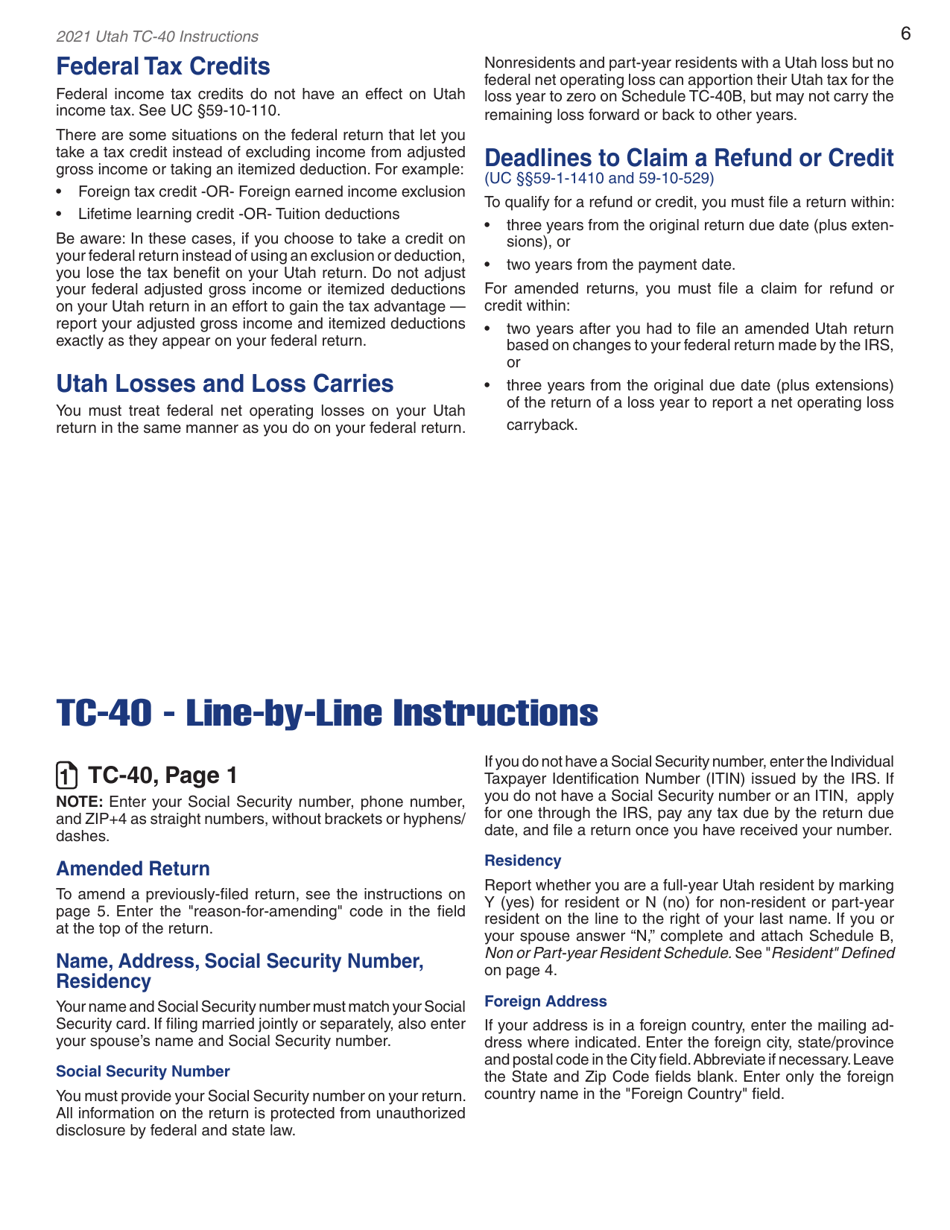 Instructions for Form TC-40 Utah Individual Income Tax Return - Utah, Page 8