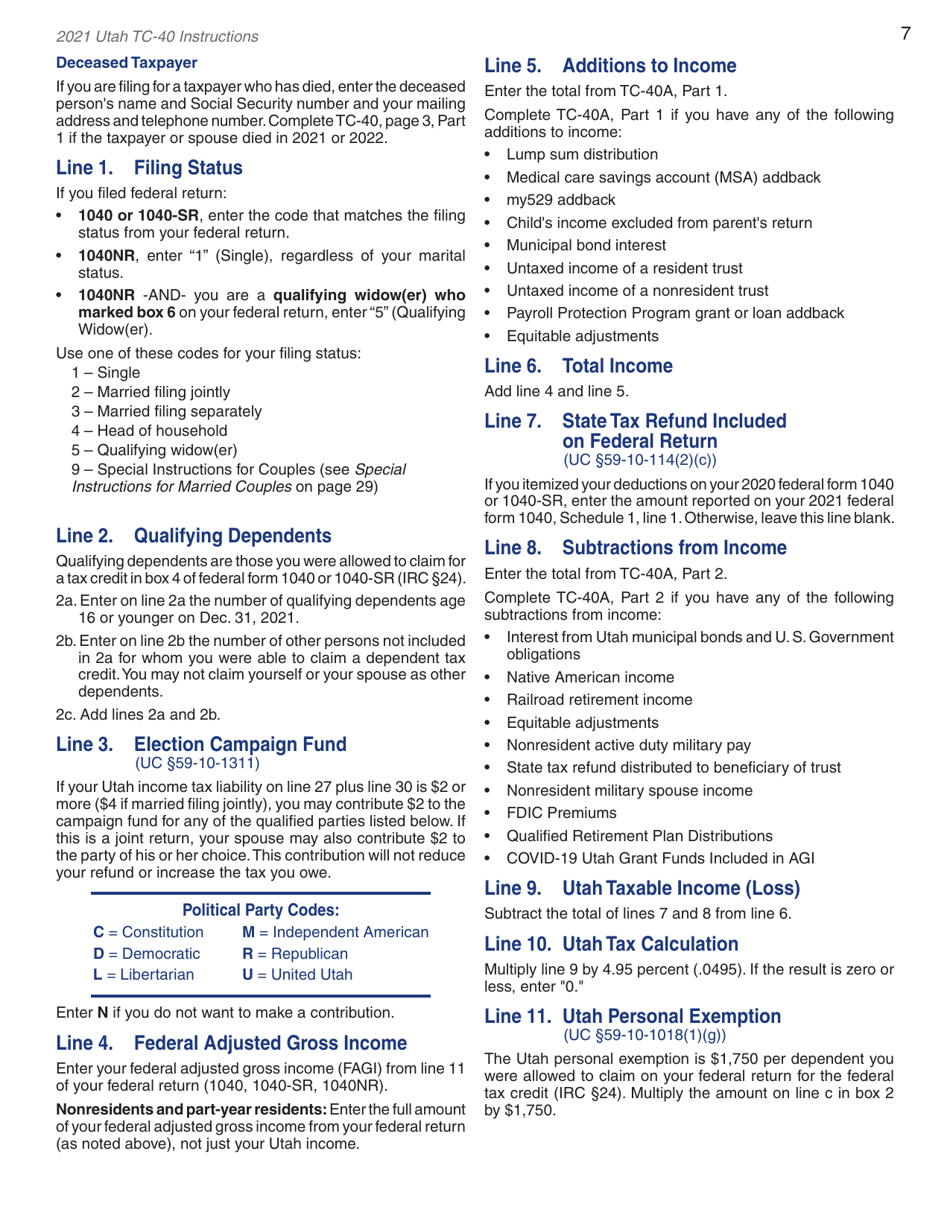 Instructions for Form TC-40 Utah Individual Income Tax Return - Utah, Page 9